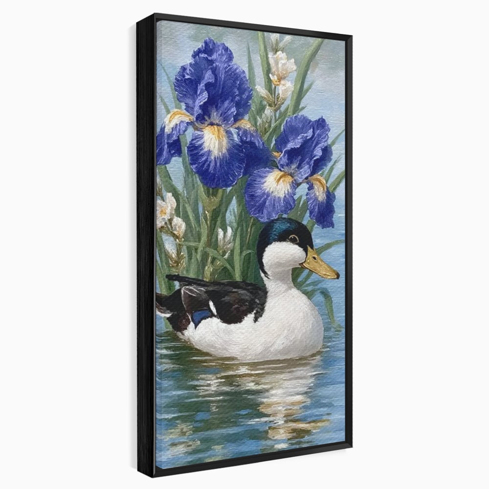 Tablou canvas cu tablou canvas cu rata pe lac si flori de iris, in rama de aluminiu negru